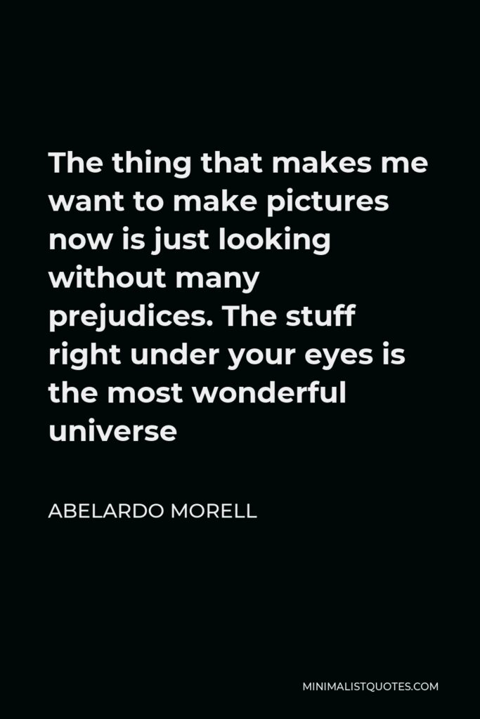 Abelardo Morell Quote - The thing that makes me want to make pictures now is just looking without many prejudices. The stuff right under your eyes is the most wonderful universe