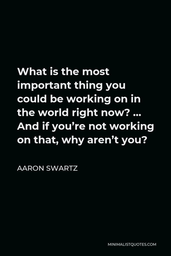 Aaron Swartz Quote - What is the most important thing you could be working on in the world right now? … And if you’re not working on that, why aren’t you?