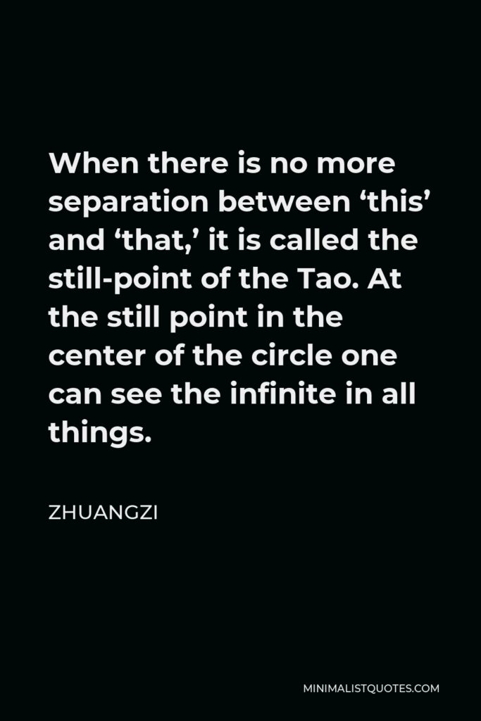 Zhuangzi Quote - When there is no more separation between ‘this’ and ‘that,’ it is called the still-point of the Tao. At the still point in the center of the circle one can see the infinite in all things.