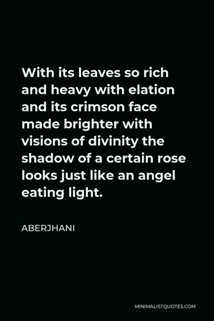 Aberjhani Quote - With its leaves so rich and heavy with elation and its crimson face made brighter with visions of divinity the shadow of a certain rose looks just like an angel eating light.