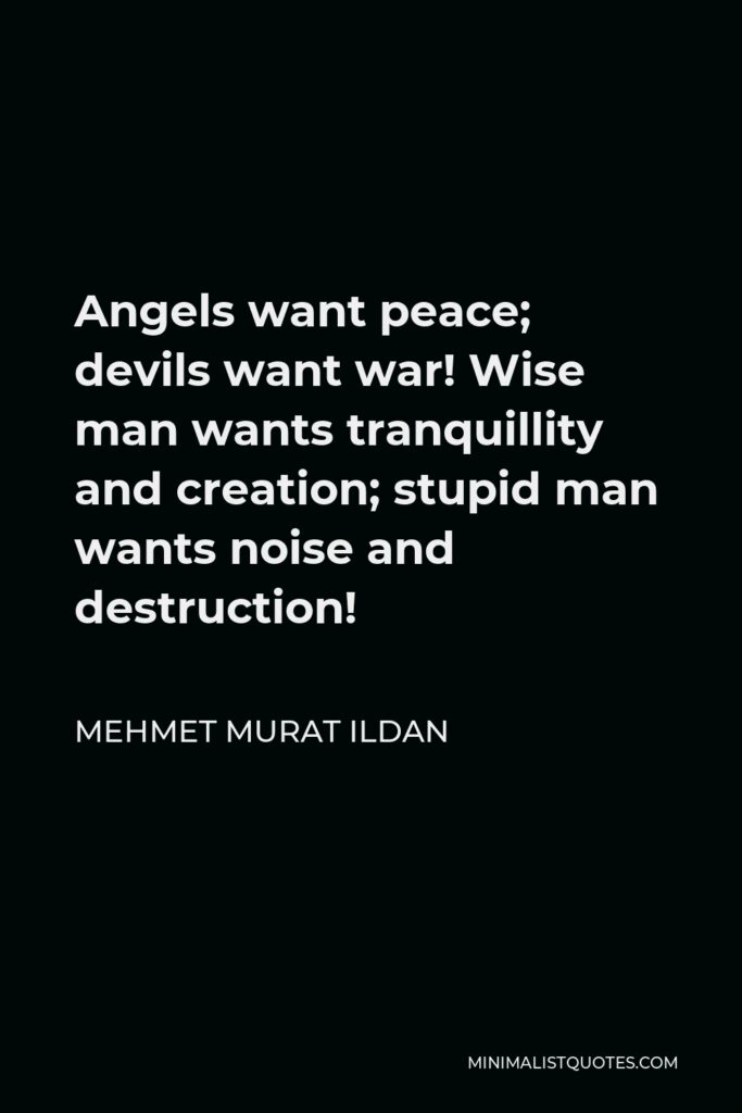 Mehmet Murat Ildan Quote - Angels want peace; devils want war! Wise man wants tranquillity and creation; stupid man wants noise and destruction!