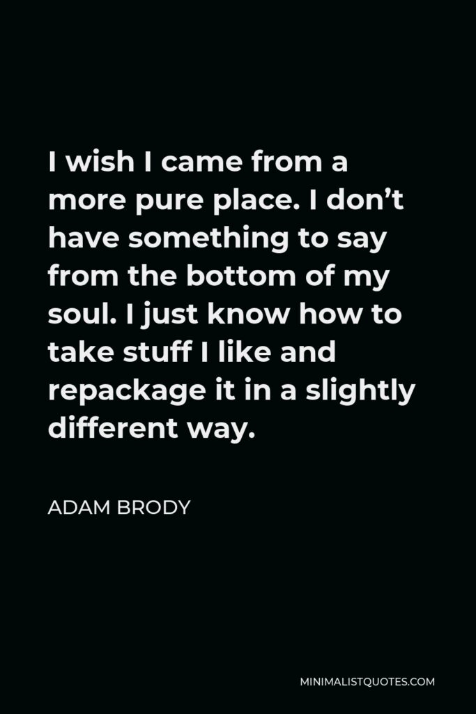 Adam Brody Quote - I wish I came from a more pure place. I don’t have something to say from the bottom of my soul. I just know how to take stuff I like and repackage it in a slightly different way.