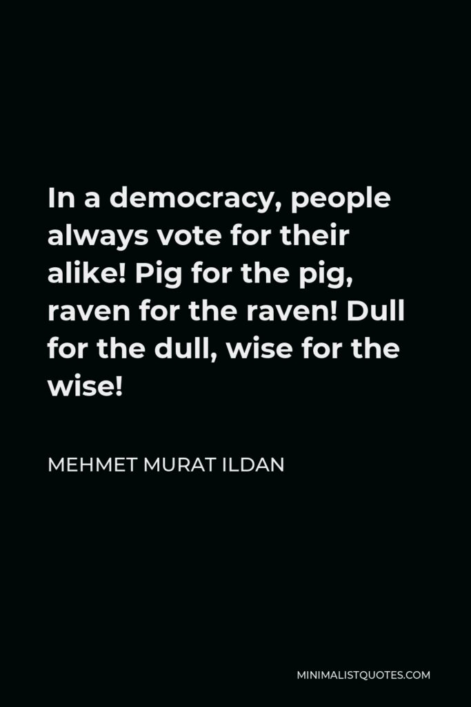 Mehmet Murat Ildan Quote - In a democracy, people always vote for their alike! Pig for the pig, raven for the raven! Dull for the dull, wise for the wise!