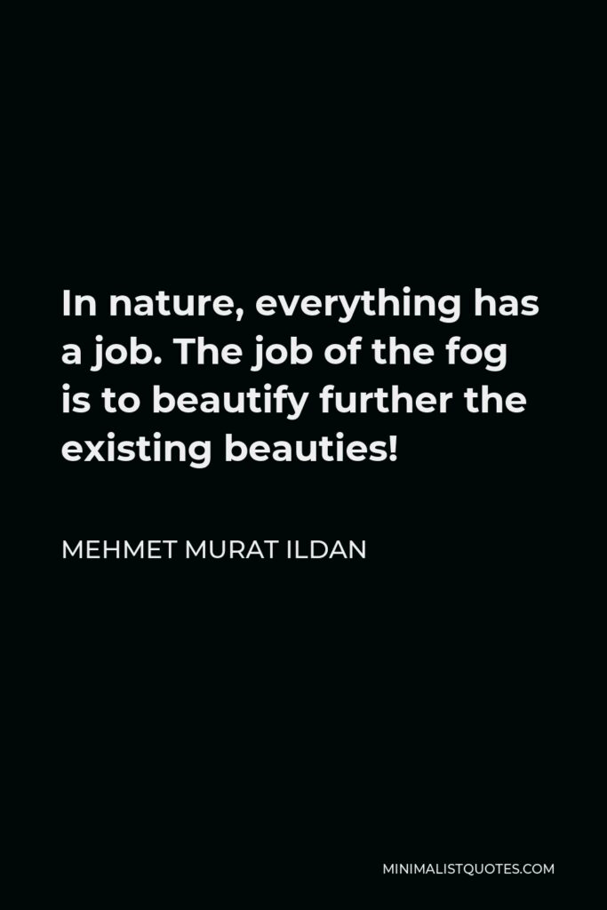 Mehmet Murat Ildan Quote - In nature, everything has a job. The job of the fog is to beautify further the existing beauties!