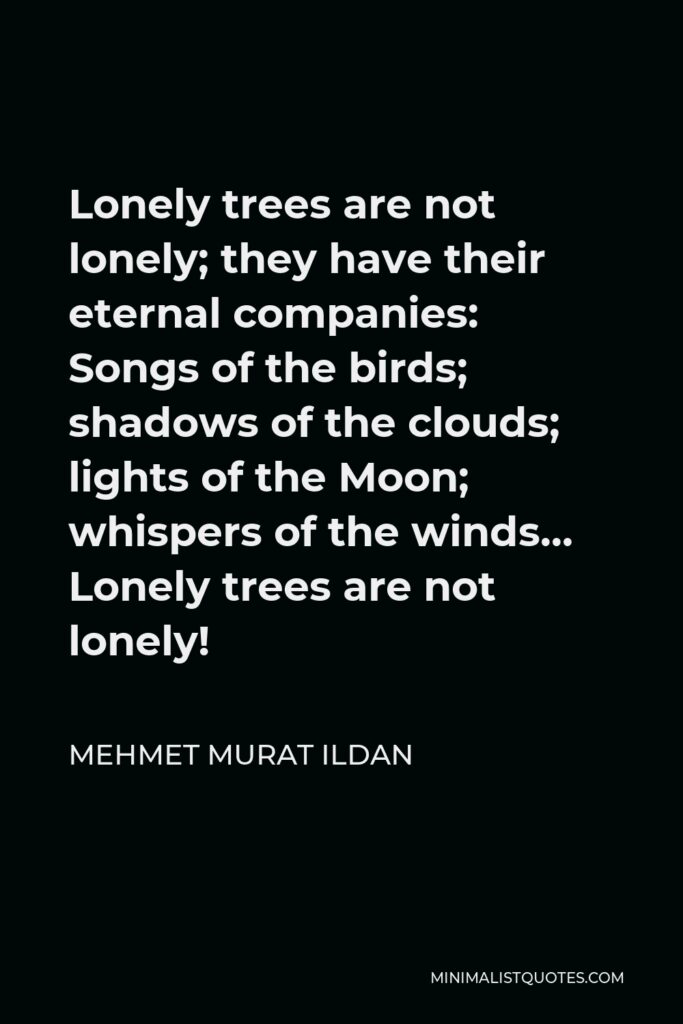 Mehmet Murat Ildan Quote - Lonely trees are not lonely; they have their eternal companies: Songs of the birds; shadows of the clouds; lights of the Moon; whispers of the winds… Lonely trees are not lonely!