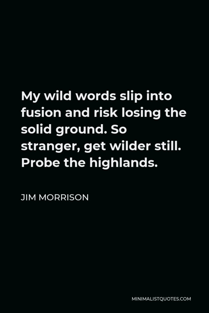 Jim Morrison Quote - My wild words slip into fusion and risk losing the solid ground. So stranger, get wilder still. Probe the highlands.