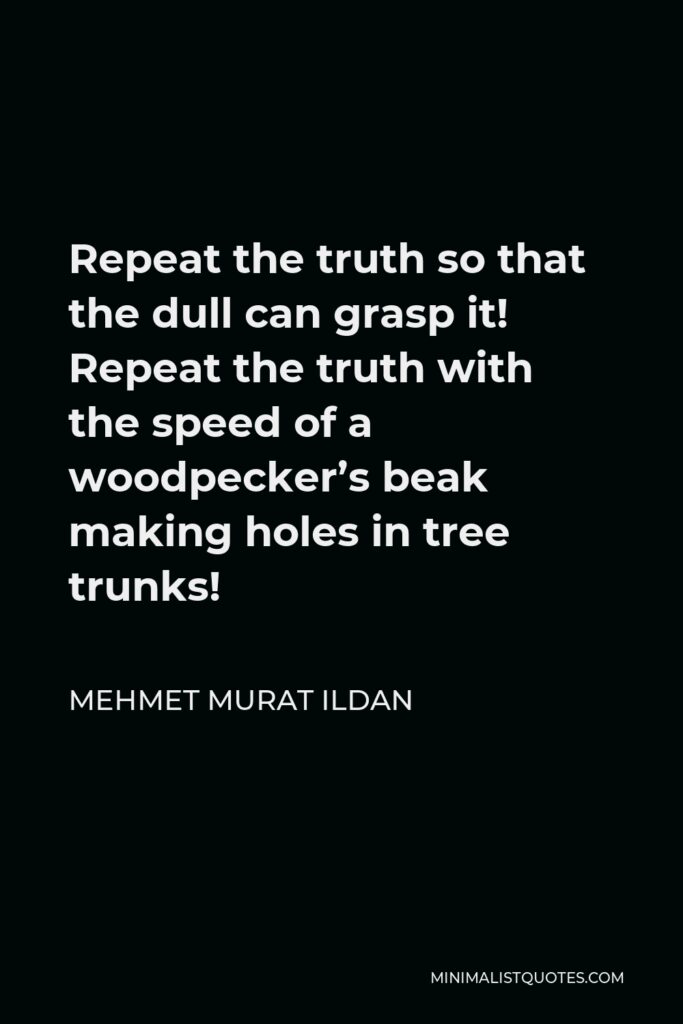Mehmet Murat Ildan Quote - Repeat the truth so that the dull can grasp it! Repeat the truth with the speed of a woodpecker’s beak making holes in tree trunks!