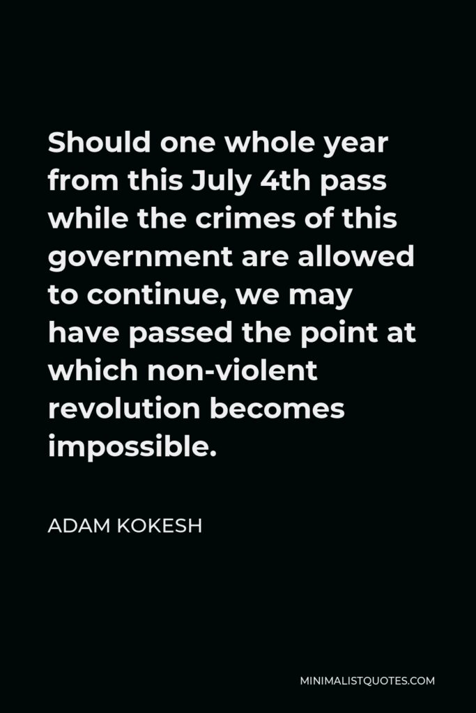Adam Kokesh Quote - Should one whole year from this July 4th pass while the crimes of this government are allowed to continue, we may have passed the point at which non-violent revolution becomes impossible.