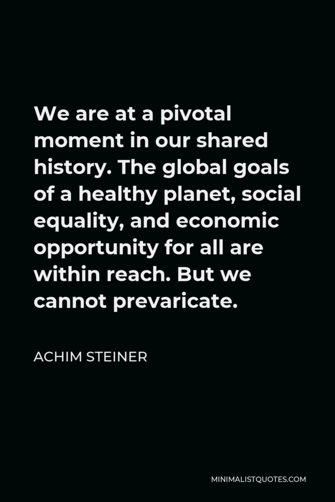 Achim Steiner Quote - We are at a pivotal moment in our shared history. The global goals of a healthy planet, social equality, and economic opportunity for all are within reach. But we cannot prevaricate.