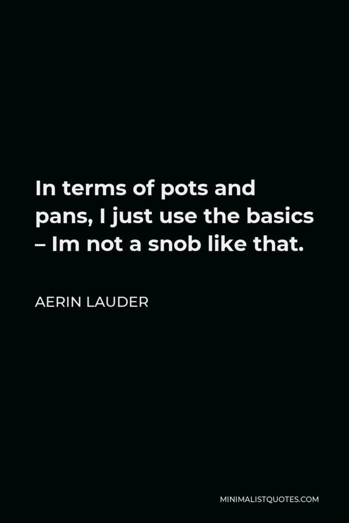 Aerin Lauder Quote - In terms of pots and pans, I just use the basics – Im not a snob like that.