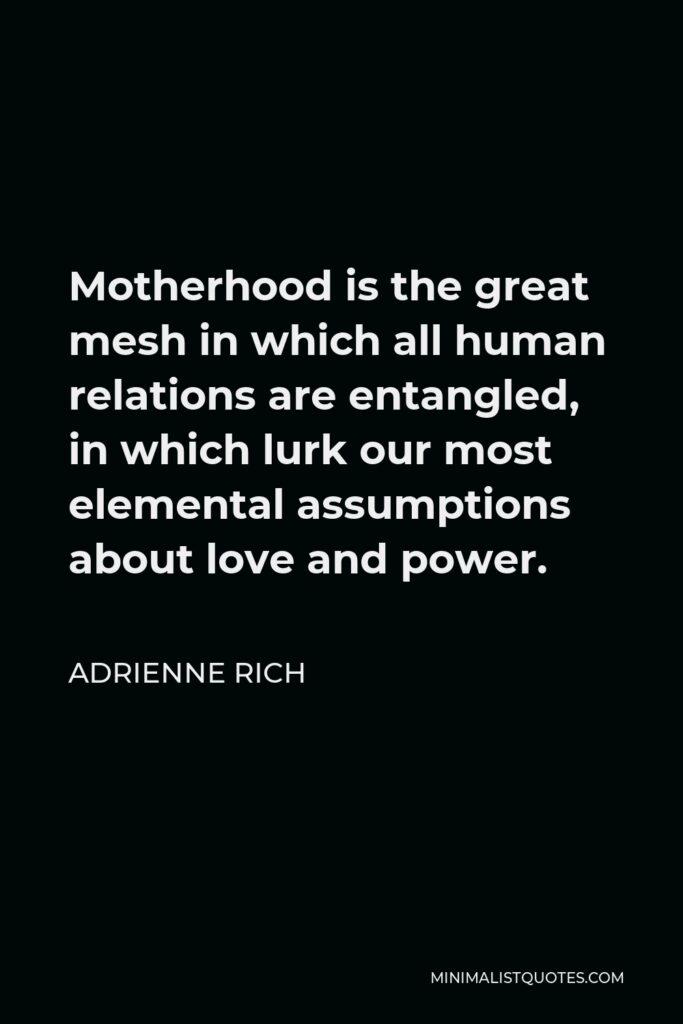 Adrienne Rich Quote - Motherhood is the great mesh in which all human relations are entangled, in which lurk our most elemental assumptions about love and power.