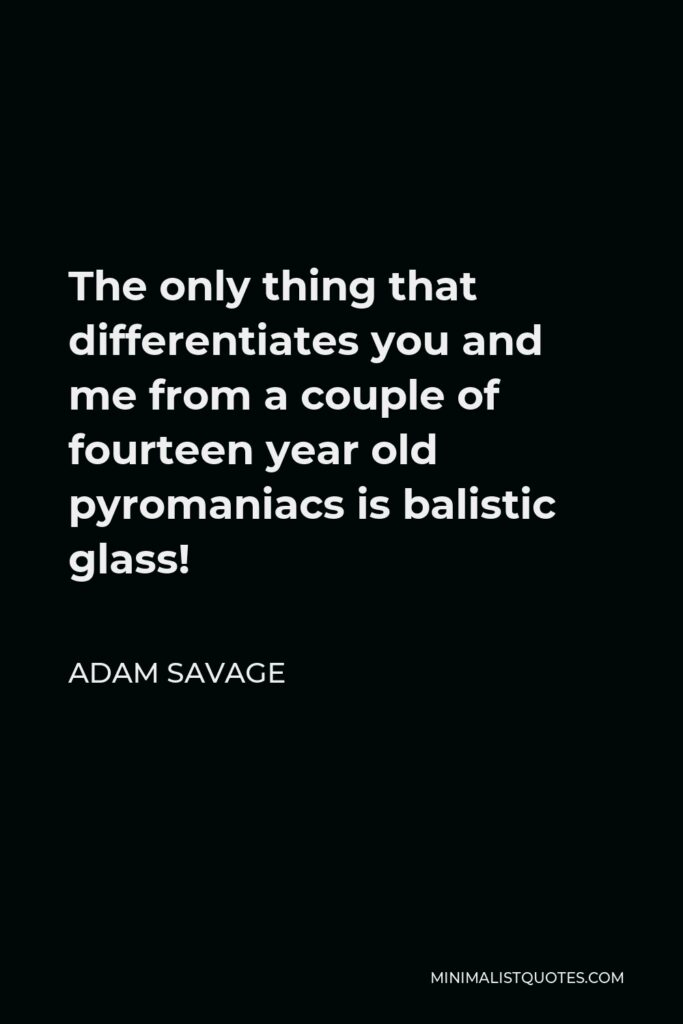Adam Savage Quote - The only thing that differentiates you and me from a couple of fourteen year old pyromaniacs is balistic glass!