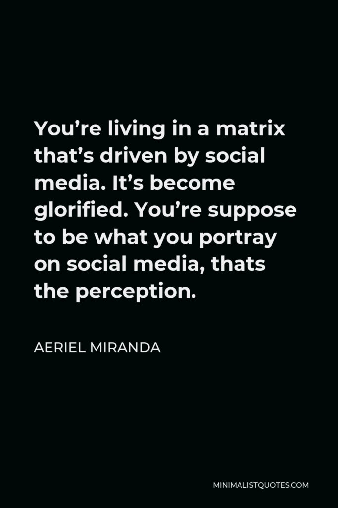 Aeriel Miranda Quote - You’re living in a matrix that’s driven by social media. It’s become glorified. You’re suppose to be what you portray on social media, thats the perception.