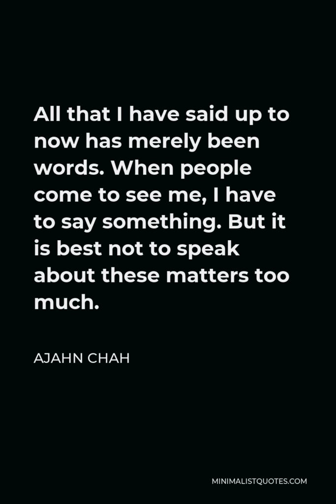 Ajahn Chah Quote - All that I have said up to now has merely been words. When people come to see me, I have to say something. But it is best not to speak about these matters too much.