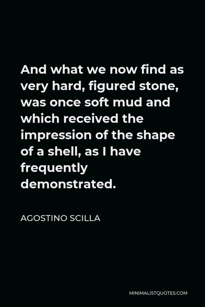 Agostino Scilla Quote - And what we now find as very hard, figured stone, was once soft mud and which received the impression of the shape of a shell, as I have frequently demonstrated.