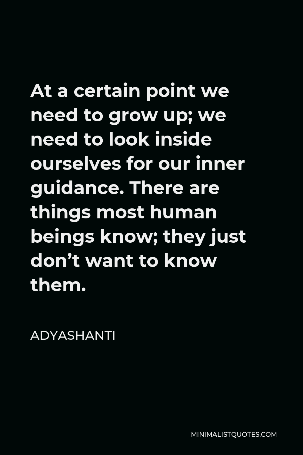 Adyashanti Quote - At a certain point we need to grow up; we need to look inside ourselves for our inner guidance. There are things most human beings know; they just don’t want to know them.