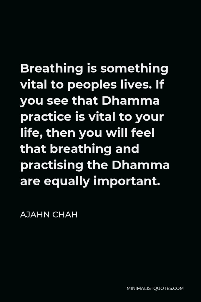 Ajahn Chah Quote - Breathing is something vital to peoples lives. If you see that Dhamma practice is vital to your life, then you will feel that breathing and practising the Dhamma are equally important.