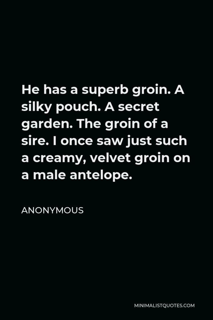 Anonymous Quote - He has a superb groin. A silky pouch. A secret garden. The groin of a sire. I once saw just such a creamy, velvet groin on a male antelope.