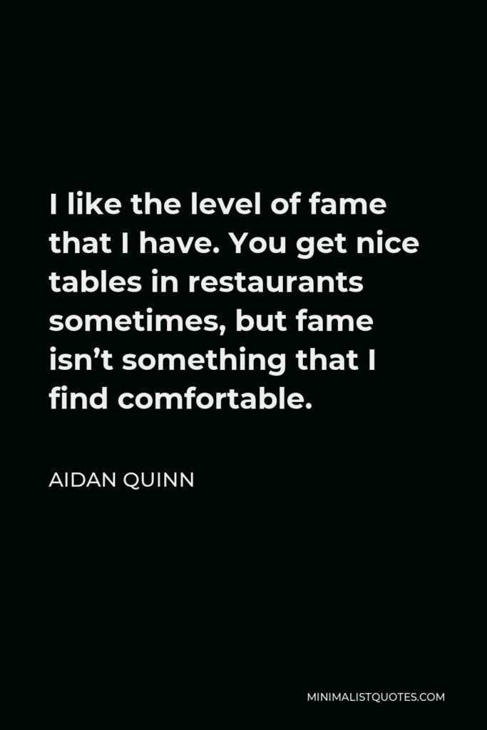 Aidan Quinn Quote - I like the level of fame that I have. You get nice tables in restaurants sometimes, but fame isn’t something that I find comfortable.