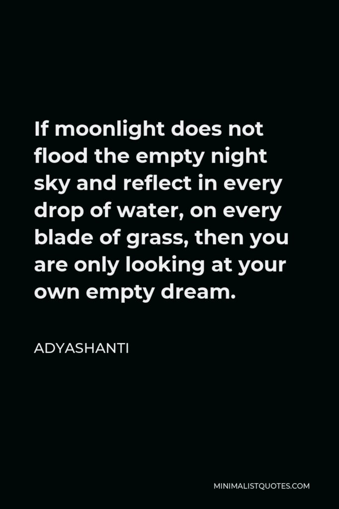 Adyashanti Quote - If moonlight does not flood the empty night sky and reflect in every drop of water, on every blade of grass, then you are only looking at your own empty dream.