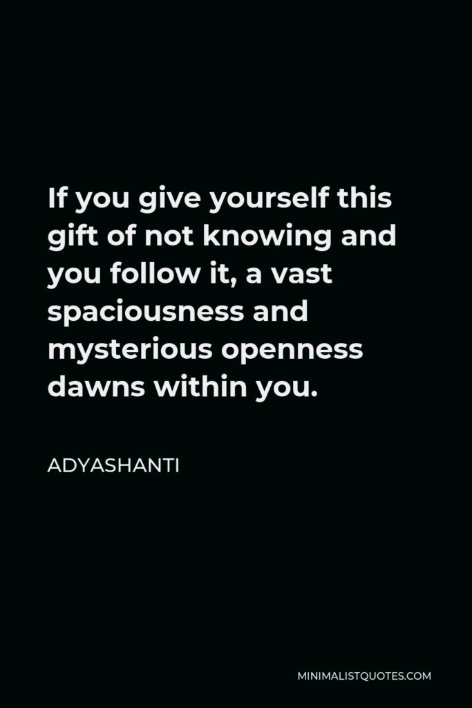 Adyashanti Quote - If you give yourself this gift of not knowing and you follow it, a vast spaciousness and mysterious openness dawns within you.