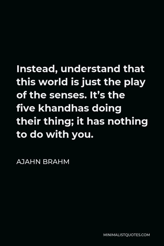 Ajahn Brahm Quote - Instead, understand that this world is just the play of the senses. It’s the five khandhas doing their thing; it has nothing to do with you.