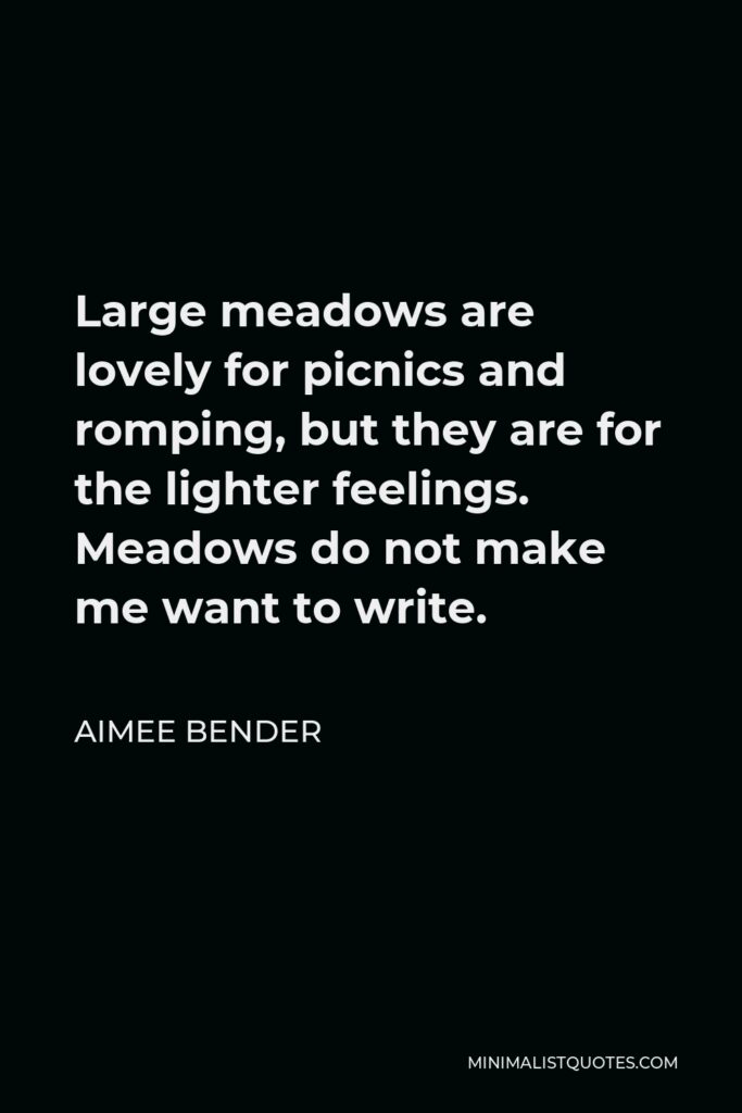 Aimee Bender Quote - Large meadows are lovely for picnics and romping, but they are for the lighter feelings. Meadows do not make me want to write.