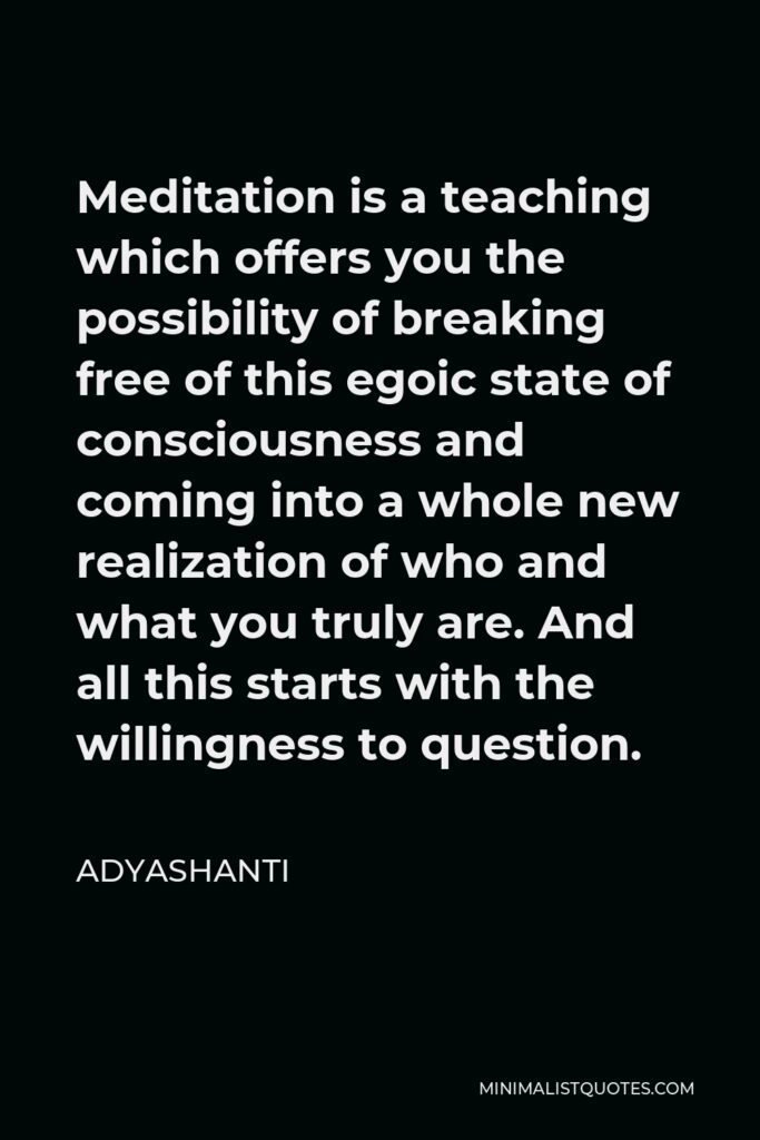 Adyashanti Quote - Meditation is a teaching which offers you the possibility of breaking free of this egoic state of consciousness and coming into a whole new realization of who and what you truly are. And all this starts with the willingness to question.