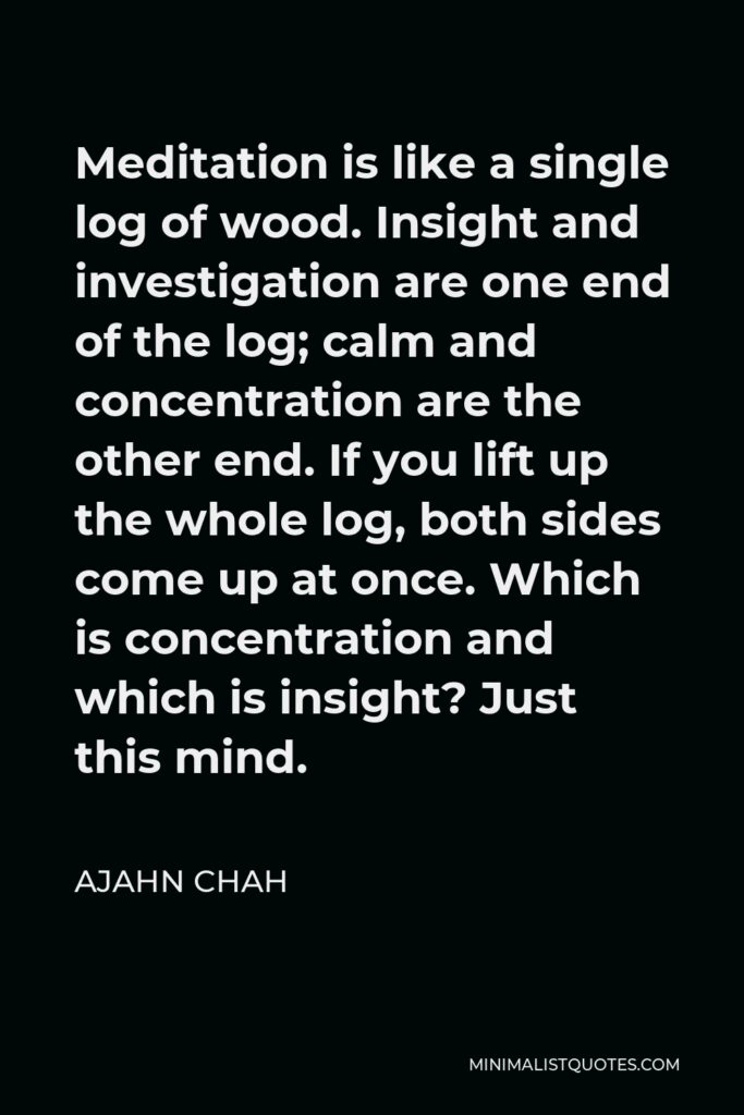 Ajahn Chah Quote - Meditation is like a single log of wood. Insight and investigation are one end of the log; calm and concentration are the other end. If you lift up the whole log, both sides come up at once. Which is concentration and which is insight? Just this mind.