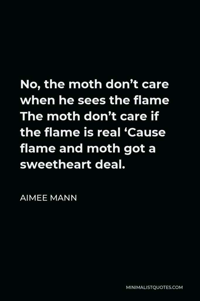 Aimee Mann Quote - No, the moth don’t care when he sees the flame The moth don’t care if the flame is real ‘Cause flame and moth got a sweetheart deal.