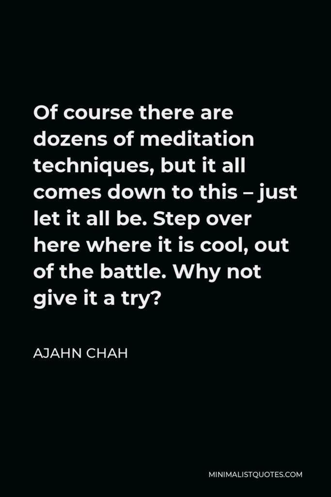 Ajahn Chah Quote - Of course there are dozens of meditation techniques, but it all comes down to this – just let it all be. Step over here where it is cool, out of the battle. Why not give it a try?