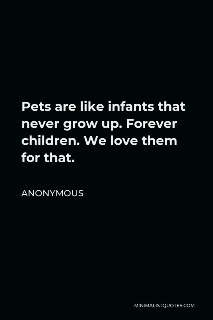 Anonymous Quote - Pets are like infants that never grow up. Forever children. We love them for that.