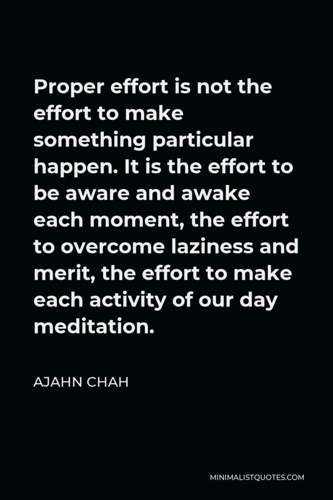 Ajahn Chah Quote - Proper effort is not the effort to make something particular happen. It is the effort to be aware and awake each moment, the effort to overcome laziness and merit, the effort to make each activity of our day meditation.