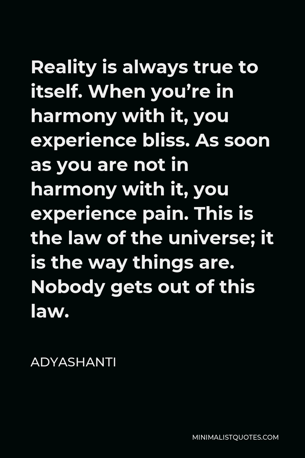 Adyashanti Quote - Reality is always true to itself. When you’re in harmony with it, you experience bliss. As soon as you are not in harmony with it, you experience pain. This is the law of the universe; it is the way things are. Nobody gets out of this law.