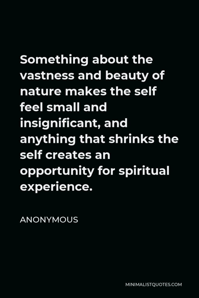 Anonymous Quote - Something about the vastness and beauty of nature makes the self feel small and insignificant, and anything that shrinks the self creates an opportunity for spiritual experience.