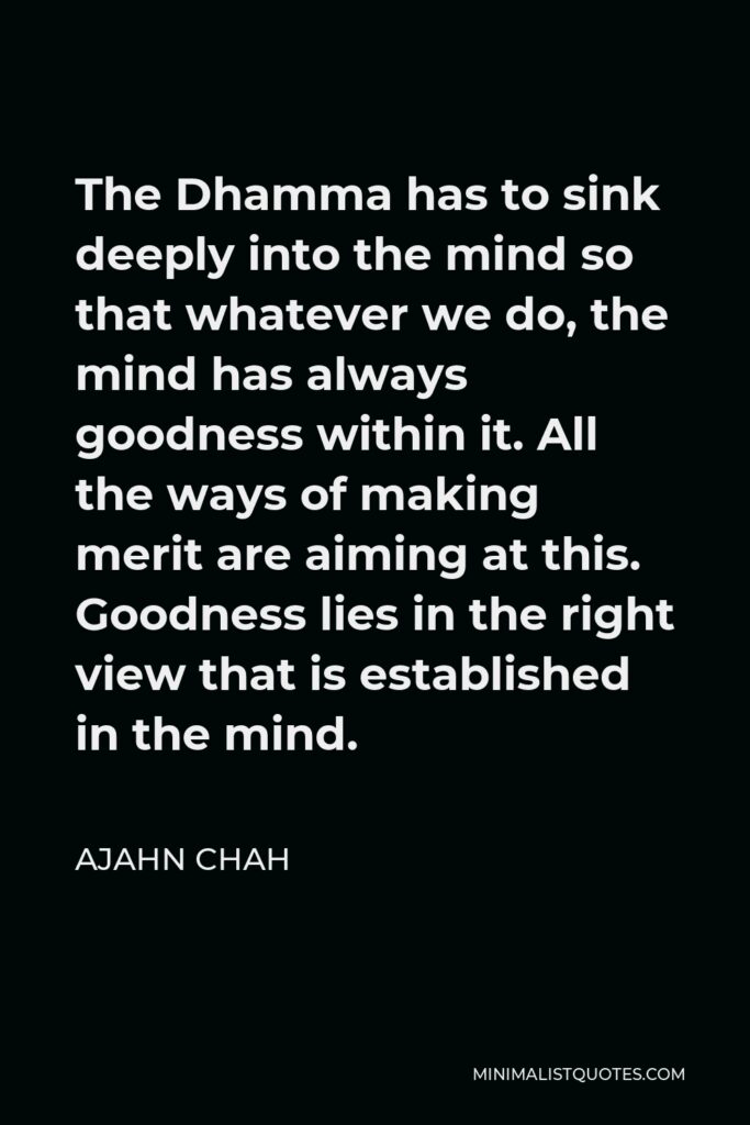Ajahn Chah Quote - The Dhamma has to sink deeply into the mind so that whatever we do, the mind has always goodness within it. All the ways of making merit are aiming at this. Goodness lies in the right view that is established in the mind.