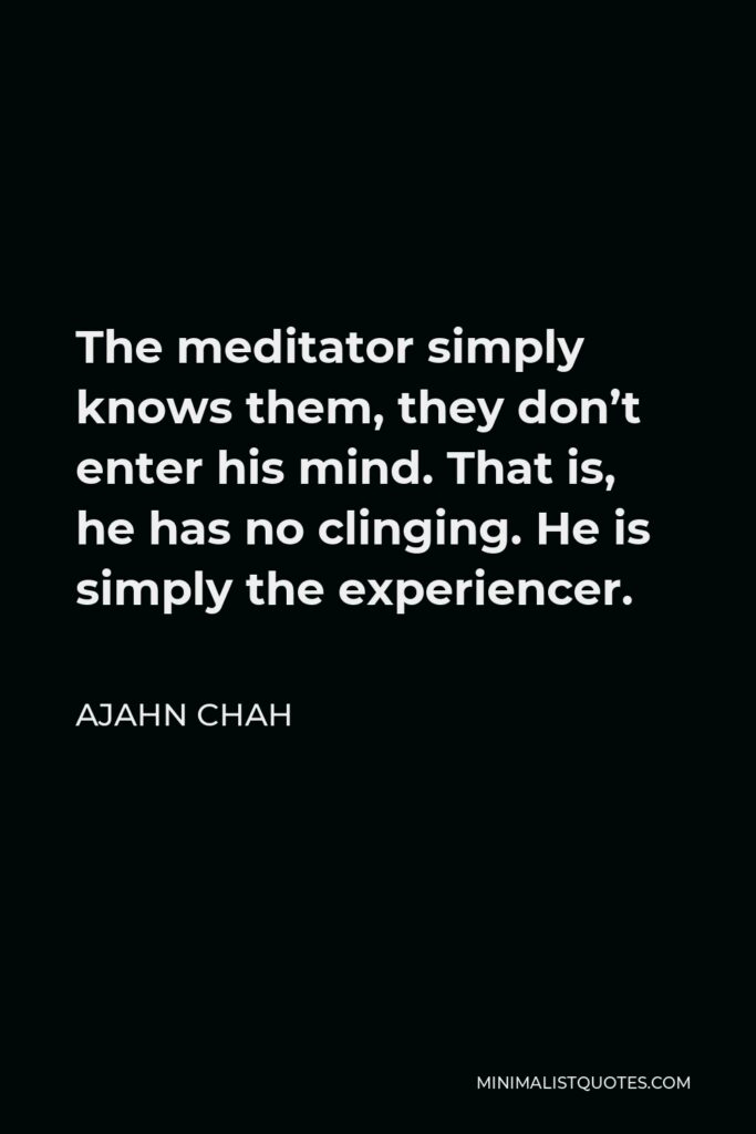Ajahn Chah Quote - The meditator simply knows them, they don’t enter his mind. That is, he has no clinging. He is simply the experiencer.