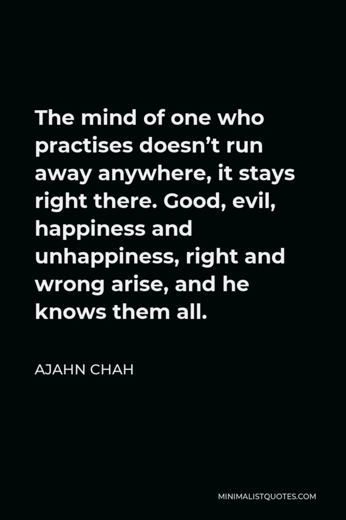 Ajahn Chah Quote - The mind of one who practises doesn’t run away anywhere, it stays right there. Good, evil, happiness and unhappiness, right and wrong arise, and he knows them all.