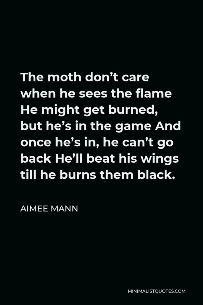 Aimee Mann Quote - The moth don’t care when he sees the flame He might get burned, but he’s in the game And once he’s in, he can’t go back He’ll beat his wings till he burns them black.