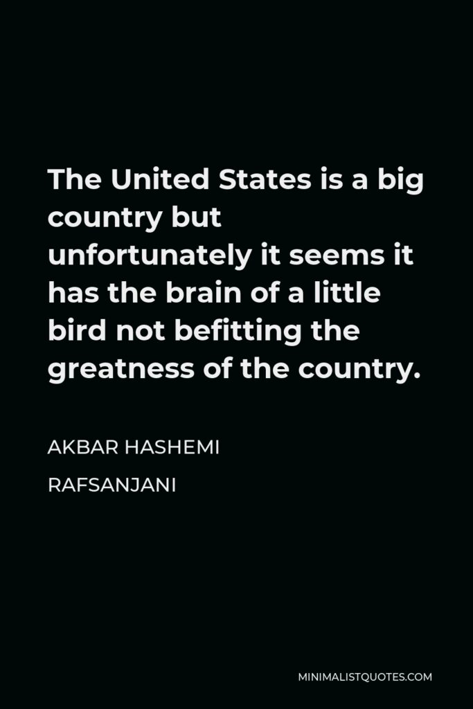 Akbar Hashemi Rafsanjani Quote - The United States is a big country but unfortunately it seems it has the brain of a little bird not befitting the greatness of the country.
