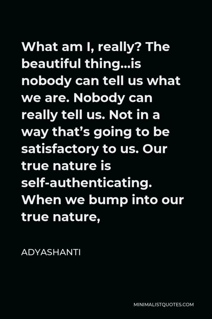 Adyashanti Quote - What am I, really? The beautiful thing…is nobody can tell us what we are. Nobody can really tell us. Not in a way that’s going to be satisfactory to us. Our true nature is self-authenticating. When we bump into our true nature,