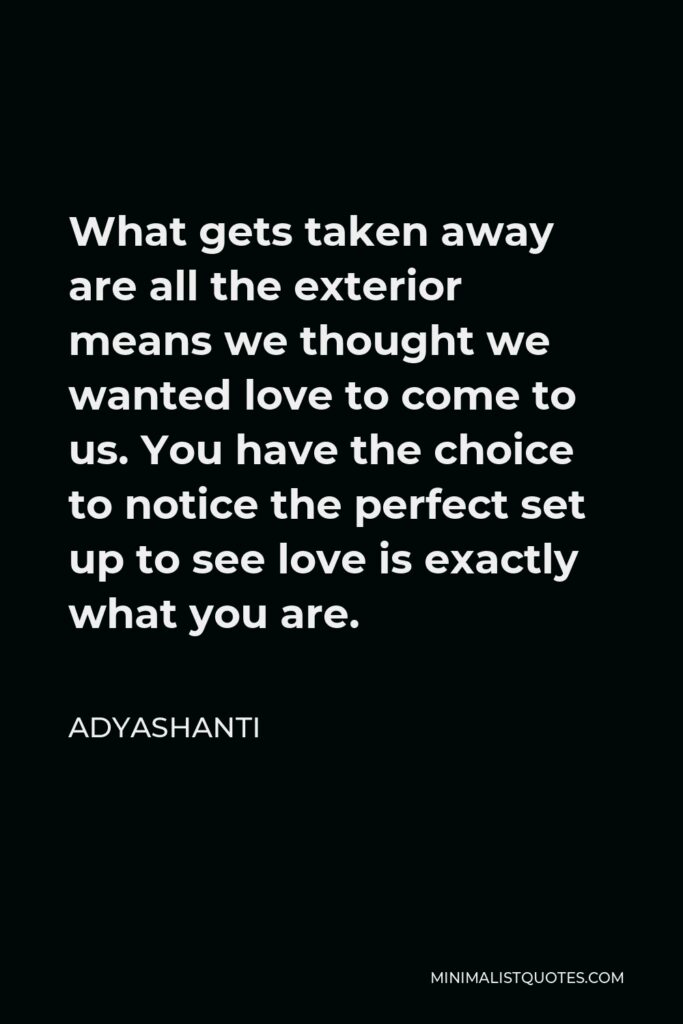 Adyashanti Quote - What gets taken away are all the exterior means we thought we wanted love to come to us. You have the choice to notice the perfect set up to see love is exactly what you are.