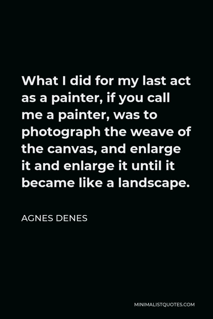 Agnes Denes Quote - What I did for my last act as a painter, if you call me a painter, was to photograph the weave of the canvas, and enlarge it and enlarge it until it became like a landscape.