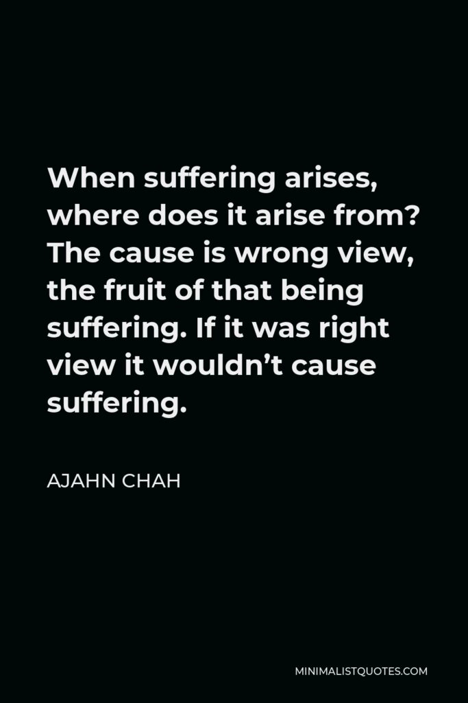 Ajahn Chah Quote - When suffering arises, where does it arise from? The cause is wrong view, the fruit of that being suffering. If it was right view it wouldn’t cause suffering.