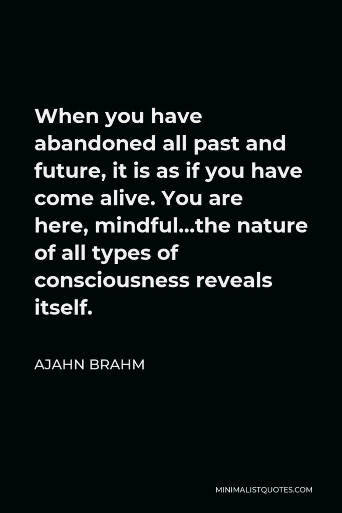 Ajahn Brahm Quote - When you have abandoned all past and future, it is as if you have come alive. You are here, mindful…the nature of all types of consciousness reveals itself.