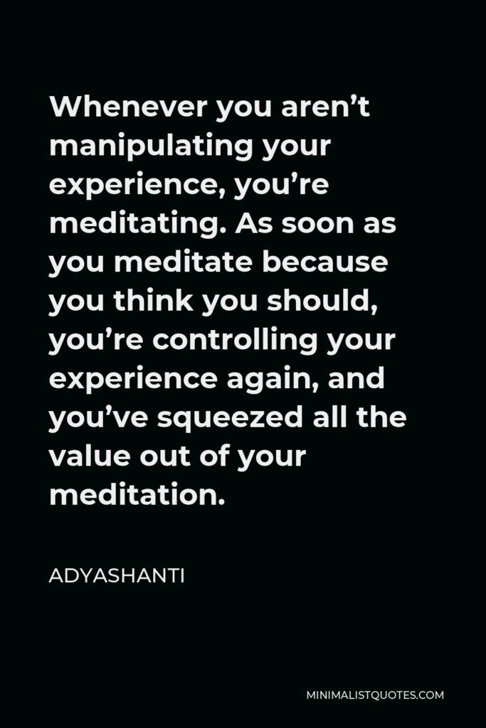 Adyashanti Quote - Whenever you aren’t manipulating your experience, you’re meditating. As soon as you meditate because you think you should, you’re controlling your experience again, and you’ve squeezed all the value out of your meditation.