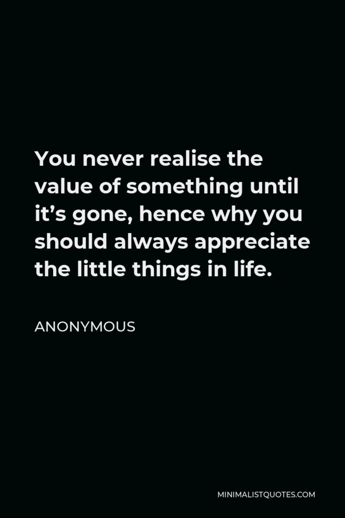 Anonymous Quote - You never realise the value of something until it’s gone, hence why you should always appreciate the little things in life.