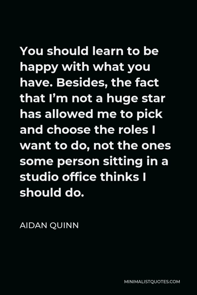 Aidan Quinn Quote - You should learn to be happy with what you have. Besides, the fact that I’m not a huge star has allowed me to pick and choose the roles I want to do, not the ones some person sitting in a studio office thinks I should do.