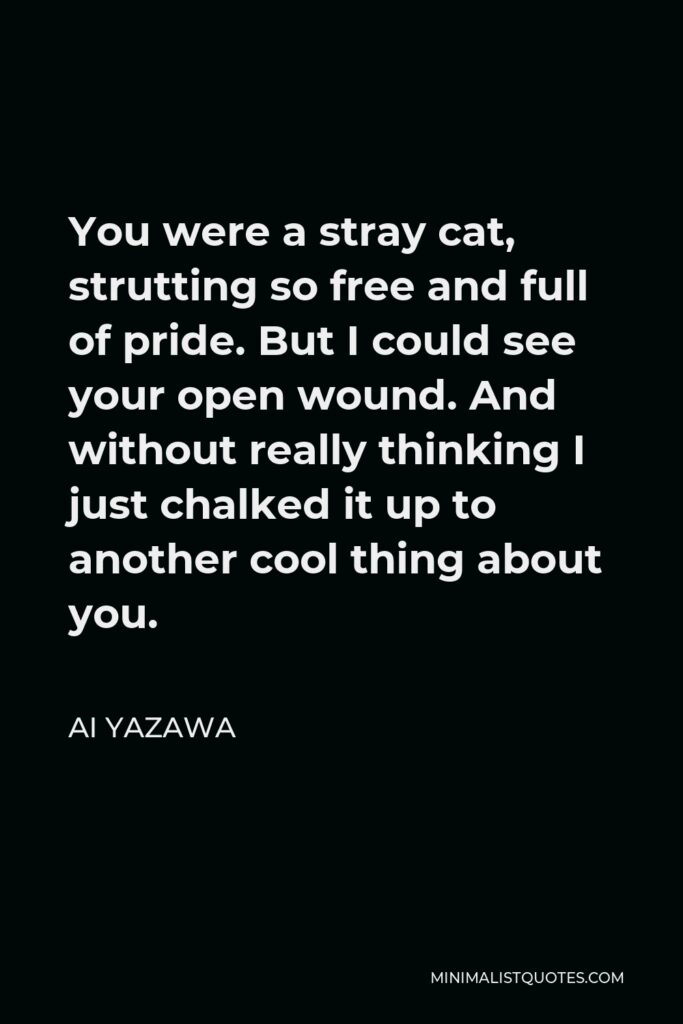 Ai Yazawa Quote - You were a stray cat, strutting so free and full of pride. But I could see your open wound. And without really thinking I just chalked it up to another cool thing about you.