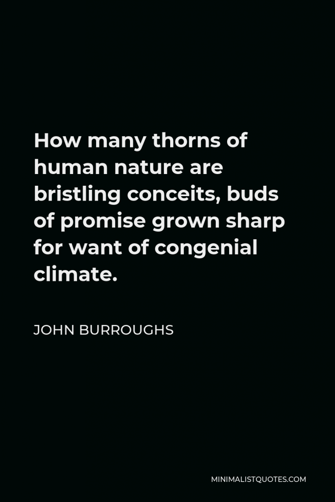 John Burroughs Quote - How many thorns of human nature are bristling conceits, buds of promise grown sharp for want of congenial climate.